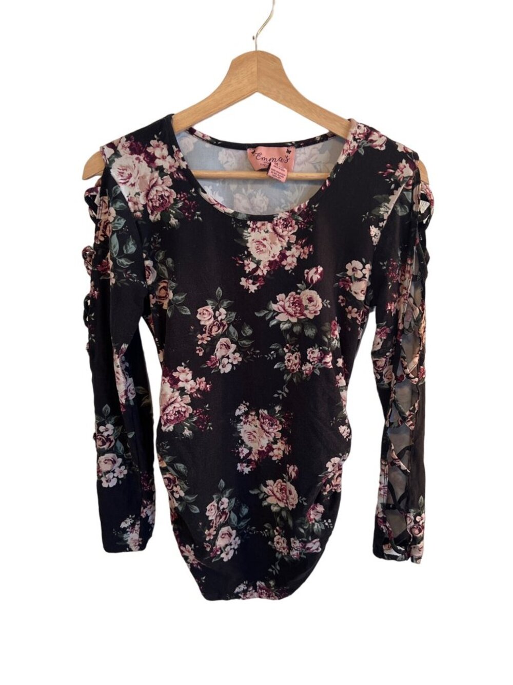 Emma's Expressions Maternity Black Long Sleeve Floral Top Women's Size Medium